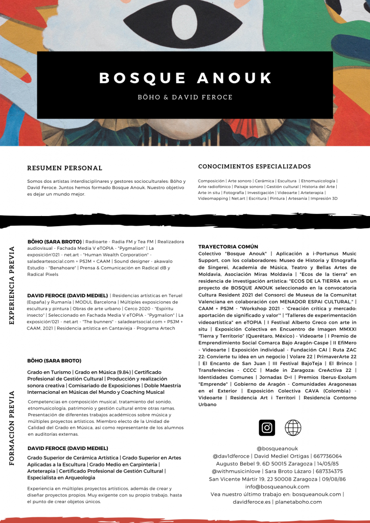 CV Bosque Anouk Zaragoza Gestión Cultural Colectivo arte talleres